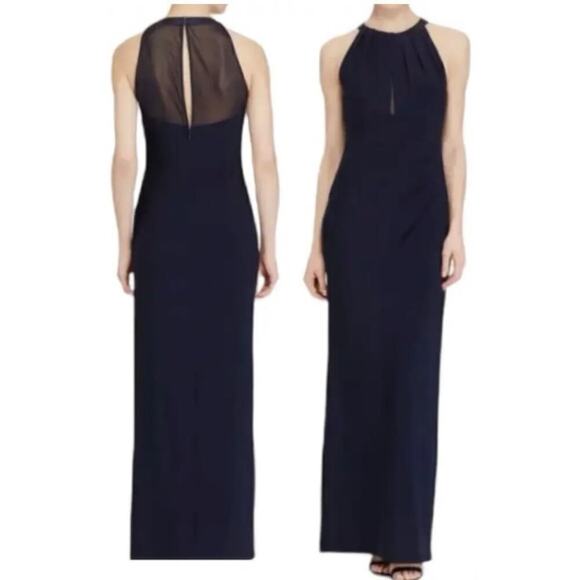 Lauren Ralph Lauren Navy Blue Halter Formal Gown Ruched Maxi Dress Front Slit 0P - Picture 1 of 9